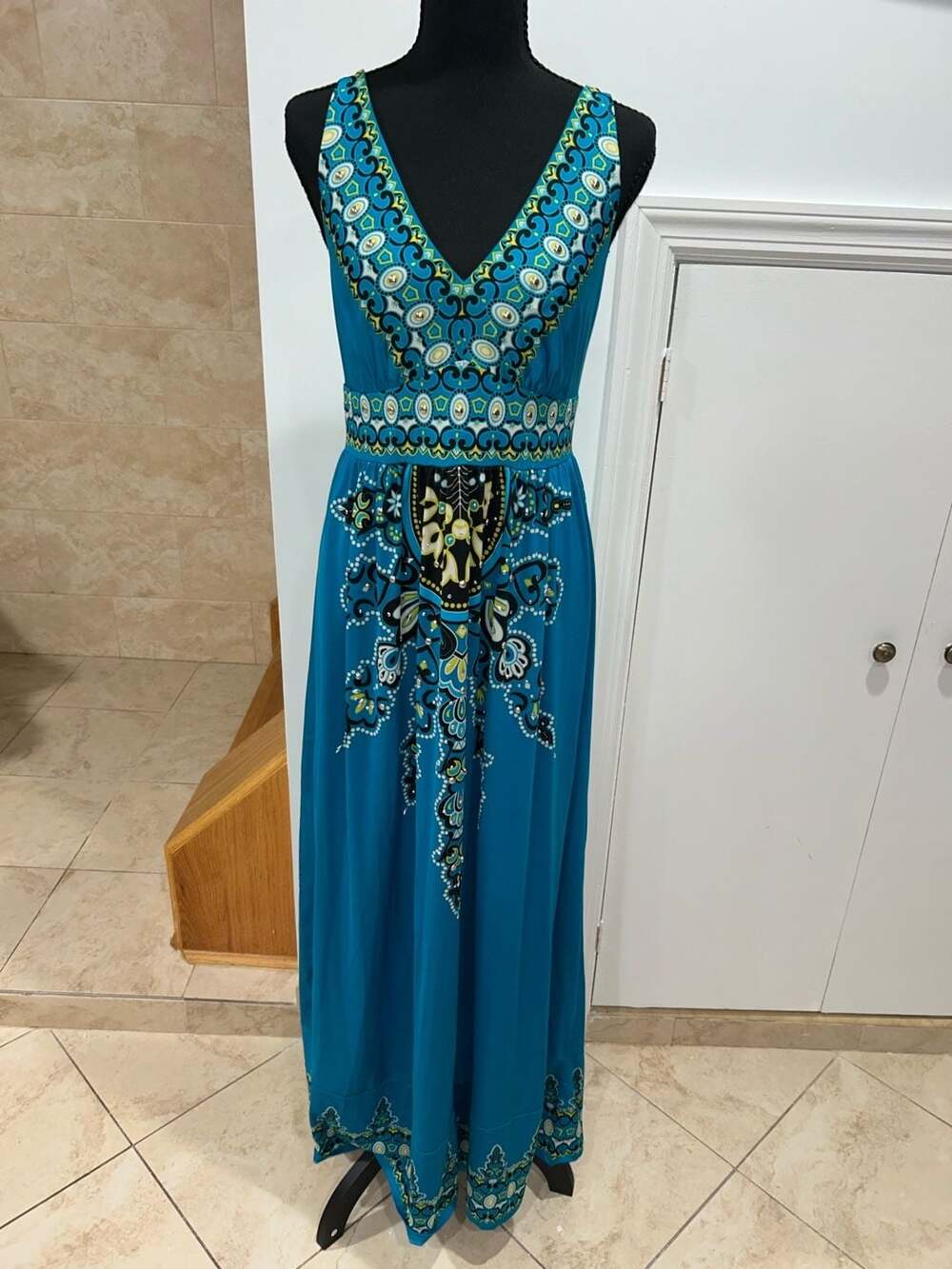 INC International Concepts Blue Paisley Bohemian Halter Maxi Dress Size M